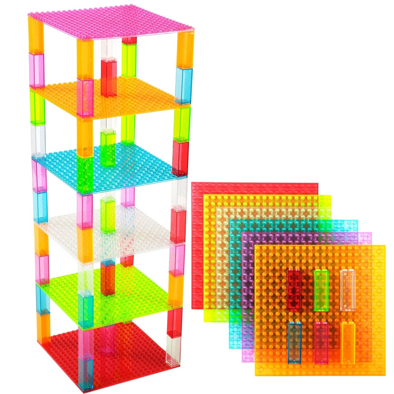 Strictly Briks Toy Building Block - Classic Stackable Baseplates 6x6 Inch Brik Tower for Baby,Kid, 6 Baseplates & 50 Stackers - Clear Colors, 56 Pc